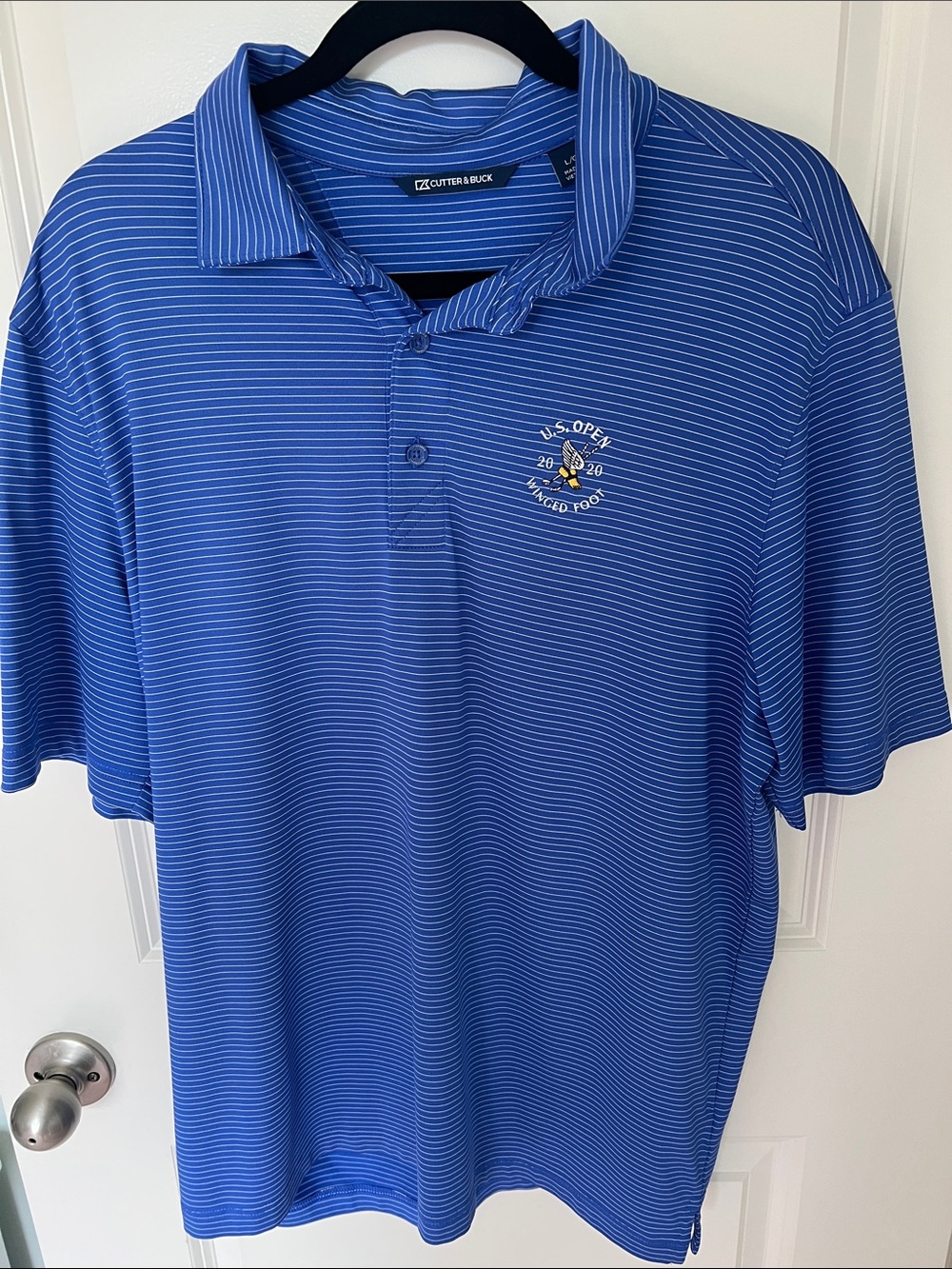 Cutter & Buck Royal Blue Striped Golf Polo with U.S. Open Crest